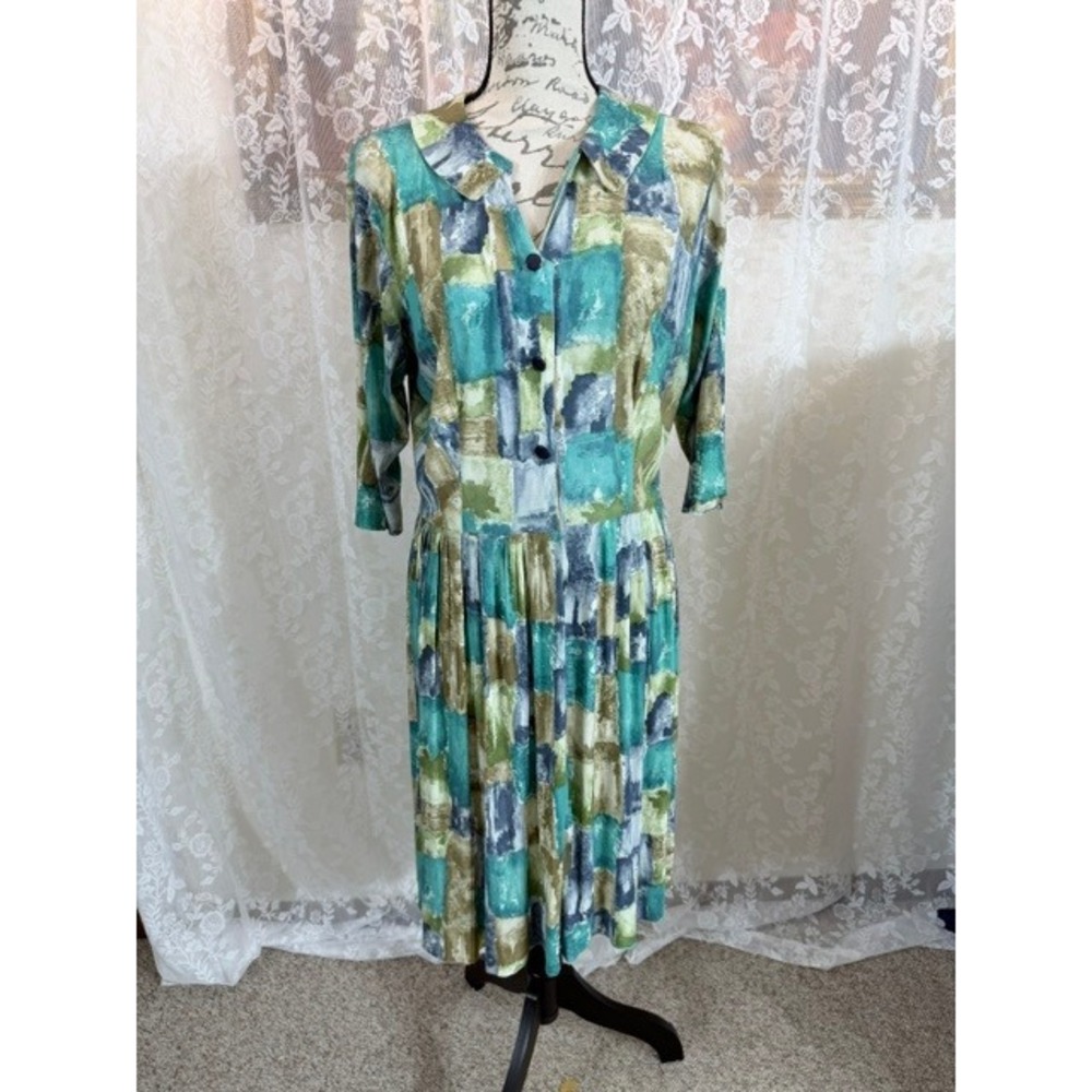 Vintage Abstract Geometric Midi Dress Teal Green Collared Button Pleated Waist
